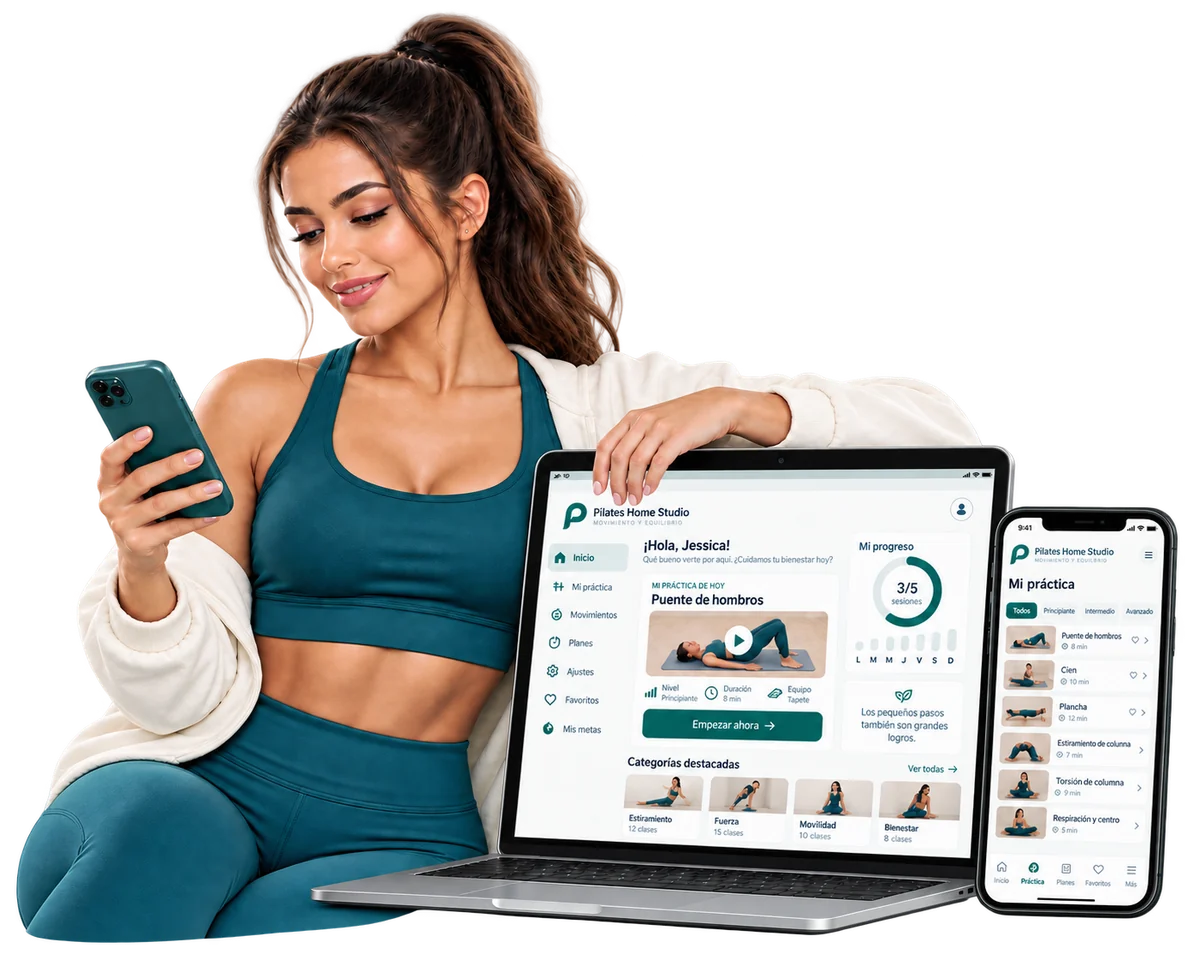 Mujer usando la aplicación Pilates Home Studio en el celular, la laptop y el smartphone