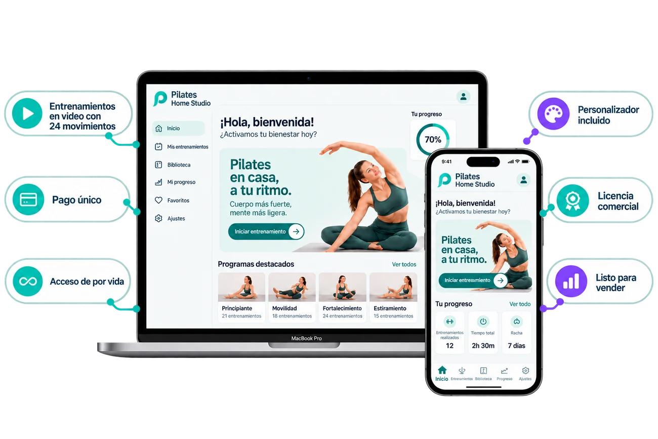 Pilates Home Studio en la laptop y en el celular, con personalizador, licencia comercial y acceso de por vida