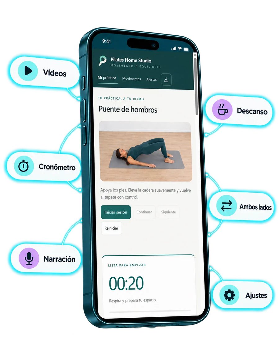 Aplicación Pilates Home Studio en el celular con videos, cronómetro, narración, descanso, dos lados y ajustes